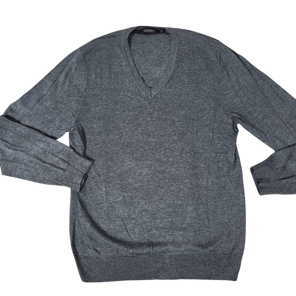 DKNY Men's V-Neck Sweater Gray Cotton Viscose Blend Long Sleeve Size‎ M